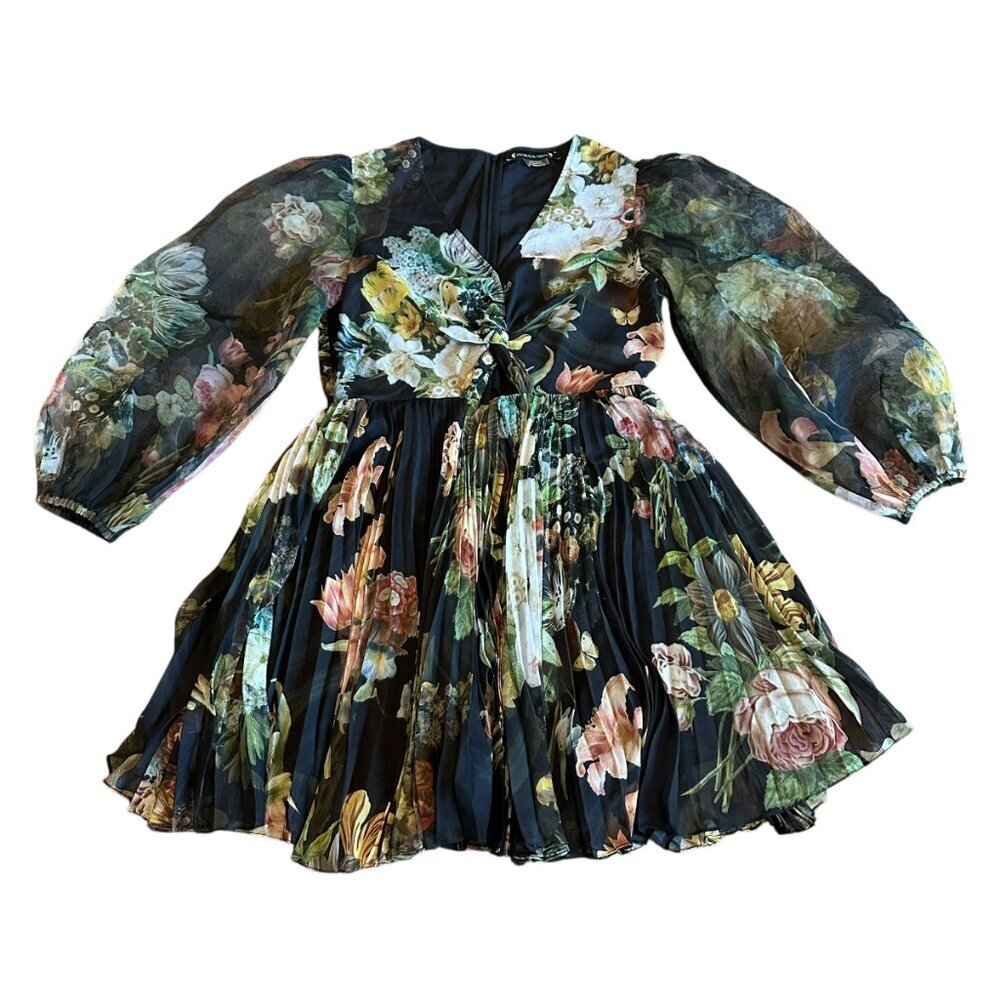 Pankaj & Nidhi Anthro Chiffon Floral Print Dress Long Sleeve Pleated Size Medium - Picture 3 of 16